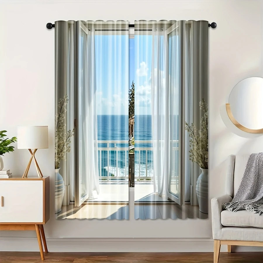 2PCS Digital Printed Curtains with Ocean Landscape Design, Stylish Window Drapes for Living Room Bedroom Home Decoration