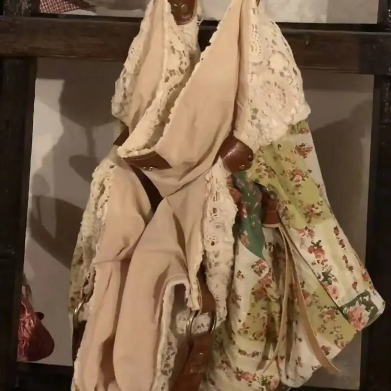 خليط الدانتيل زهرة طباعة حقائب كتف خمر كل مباراة Haruku حقائب اليد النسائية موضة Y2k الجمالية حقيبة تحت الإبط عادية