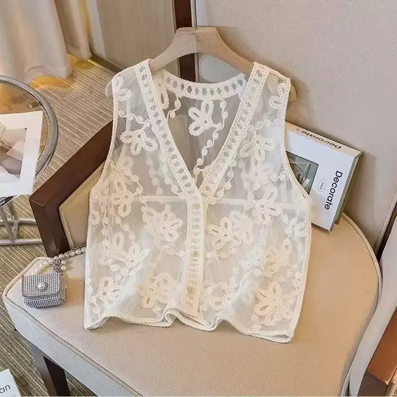 Crochet Knitted Waistcoat Women Button Front V-Neck Embroidered Floral Hollow-out Lace Vest Summer Beach Cover Up Boho Chic
