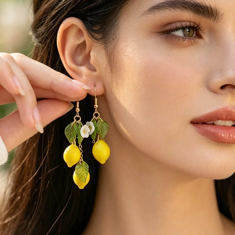 Image of Personalisierte Zitronen-Ohrringe mit langen Quasten, Sommer-Frucht-Hängeohrringe, vielseitiger Boho-Schmuck, Geschenk für Frauen