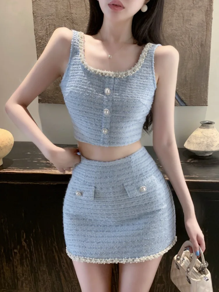 High Street Fashion Luxury Beading Small Fragrance Two Piece Set Women Sweet Top + Skirt Suits Korean Hotsweet Sexy 2 Piece Sets