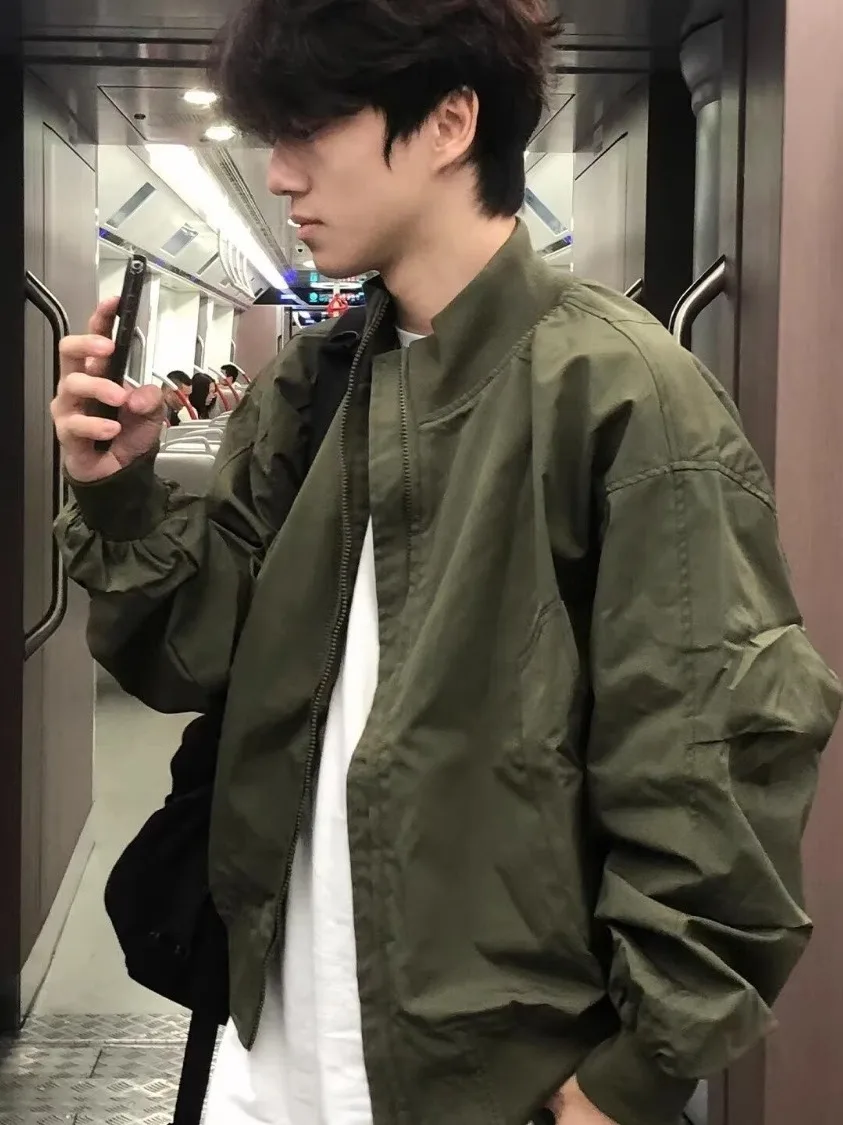 Loose Fit Men's Jacket Short Style Turn-down Collar Flight Coat Simple Design Baseball Uniform Autumn Spring Casual Wear