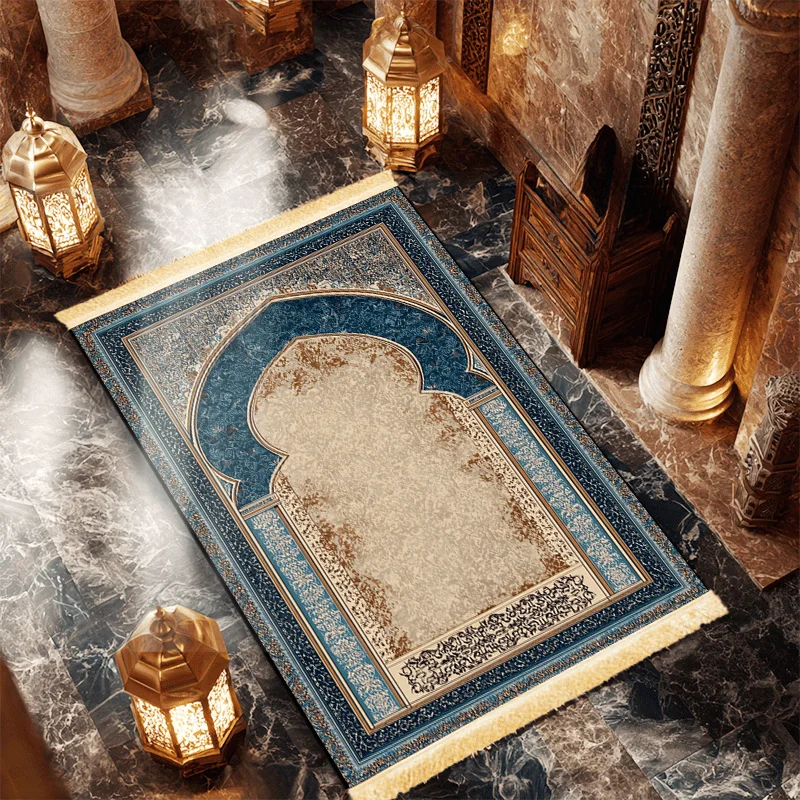VIKAMA Islamic Prayer Rug with Teal Gold Contrast Retro Pattern Tassel Worship Mat for Religious Rituals Lightweight Foldable