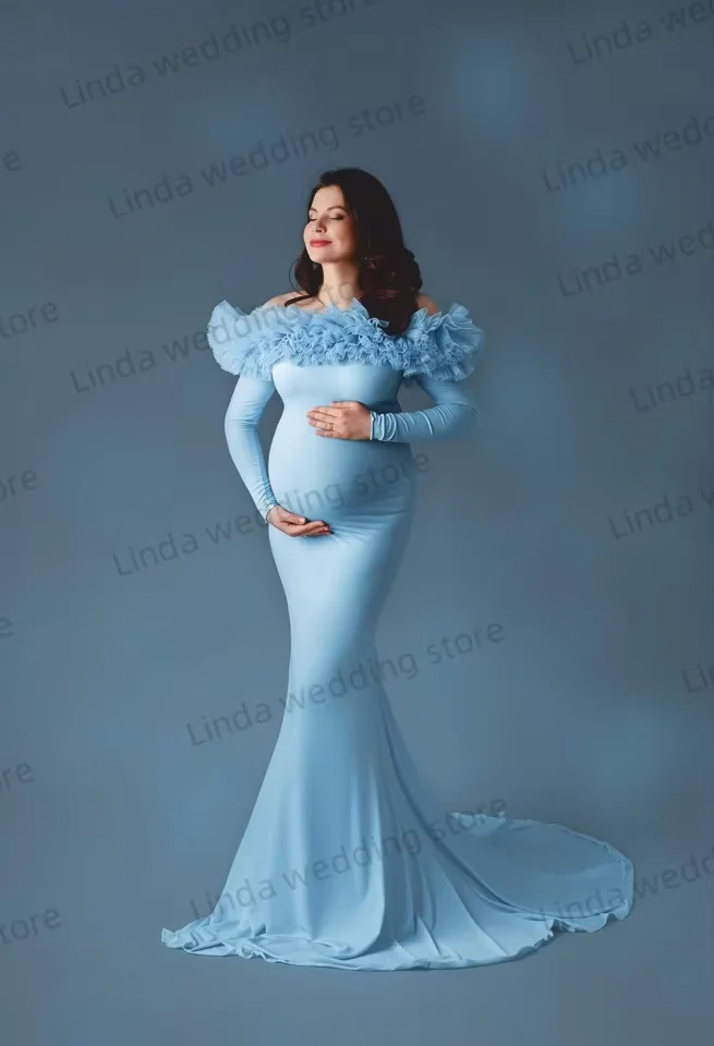 Elegant Sky Blue Maternity Dress for Baby Shower Mermaid Photo Vestido Sposa Ruched Long Sleeve Pregnant Women Gown Customized