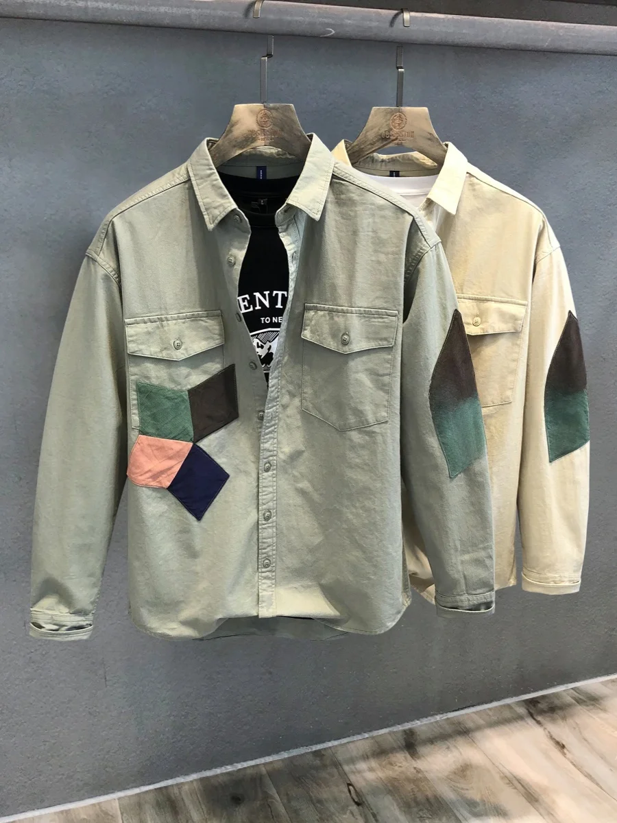 

Spring Autumn New Sle Patchwork Color Blo Long Sve Work irt Men's Loose Fit Large Size Jaet Youth Faion Trend