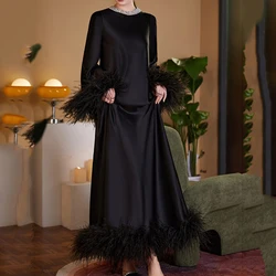 Customized Temperament Prom Gown Straight Long Sleeve Feather Formal Party Dress Solid Color Ankle-Length Vestido De Novia فساتي