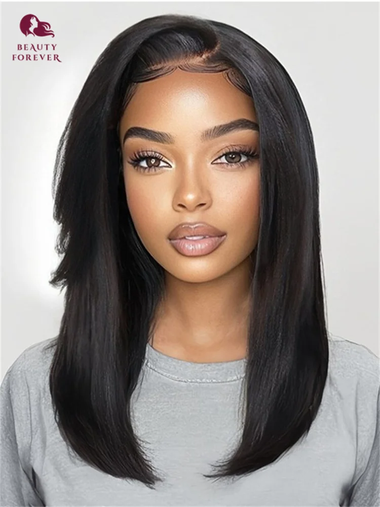 

Beautyforever Yaki Straight Glueless Wig with Side Swept Bangs 7x5 Pre Cut Transparent Lace Front Wig For All Head Sizes