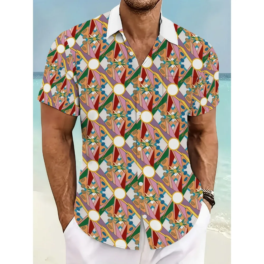 Men Colorful Geometric Line Circle Star Print Hawaiian Shirt Short Sleeve White Contrast Collar Blouse