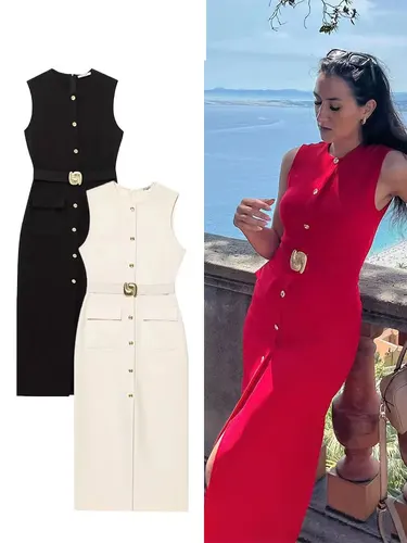 Imagen 1 del producto HH-vestido Midi elegante de verano para mujer, vestido largo con dobladillo y cuello redondo con cinturón, sin mangas, con un solo pecho y cremallera trasera