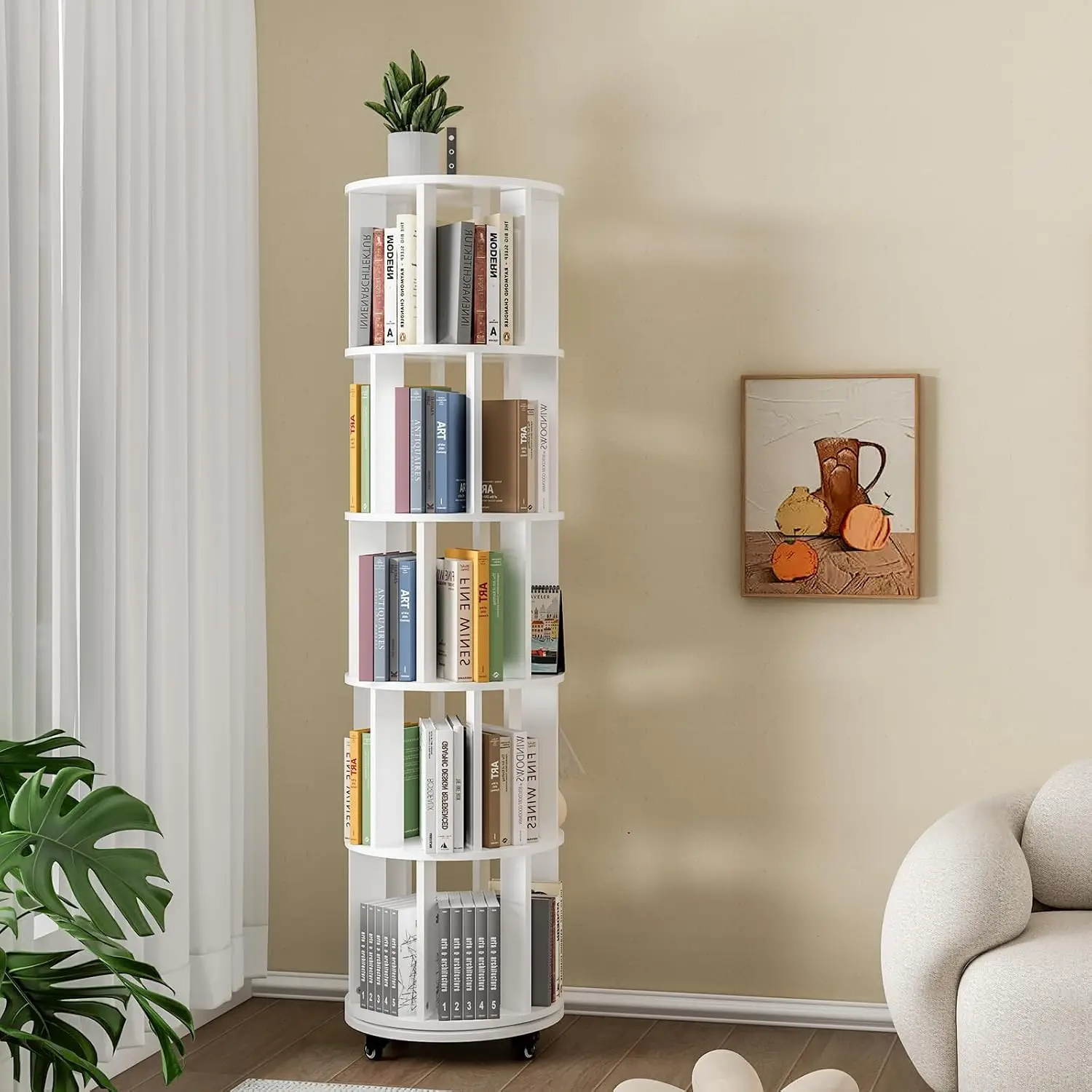 5 Tier 360° Rotating Bookshelf with Wheels, Round Revolving Storage Rack, Space Saving Corner Shelf for Living Room Office Bedro