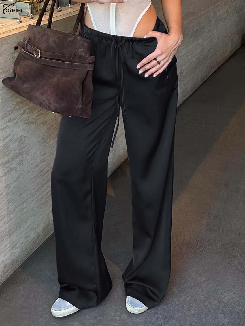 

Oymimi Fashion Black Satin Women's Pants Elegant High Waisted Drawstring Trousers Casual Straight Full Length Pants Streetwear