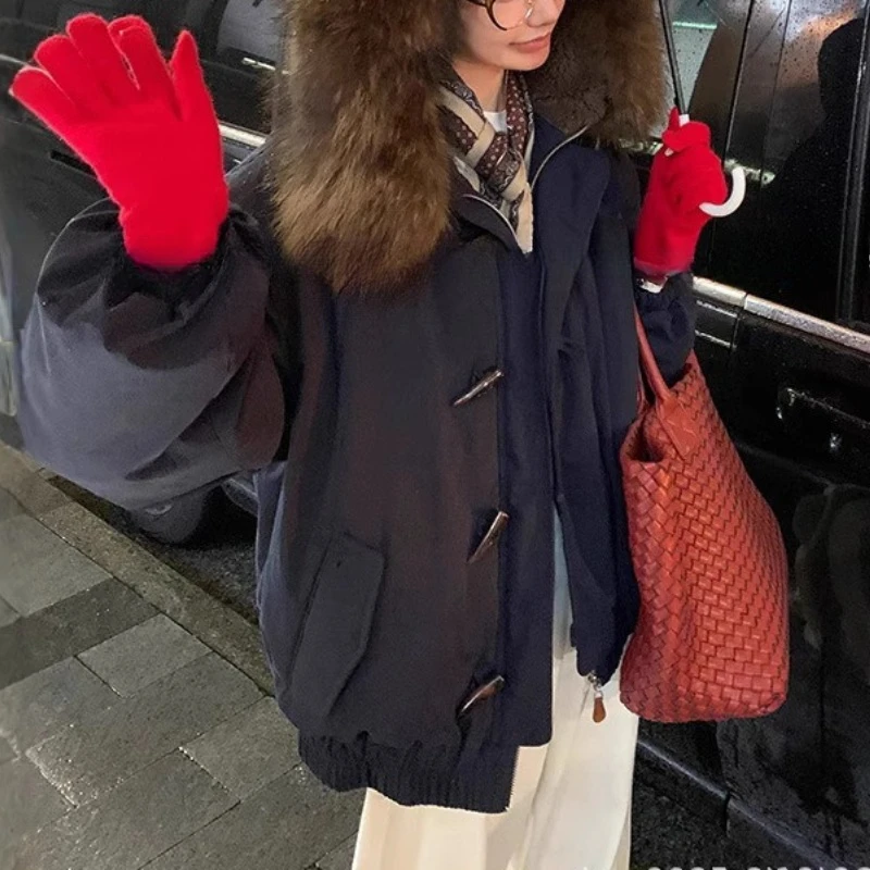 2025 New Cotton Clothes Big Fur Collar Short New Winter Coat Fur Collar Hooded