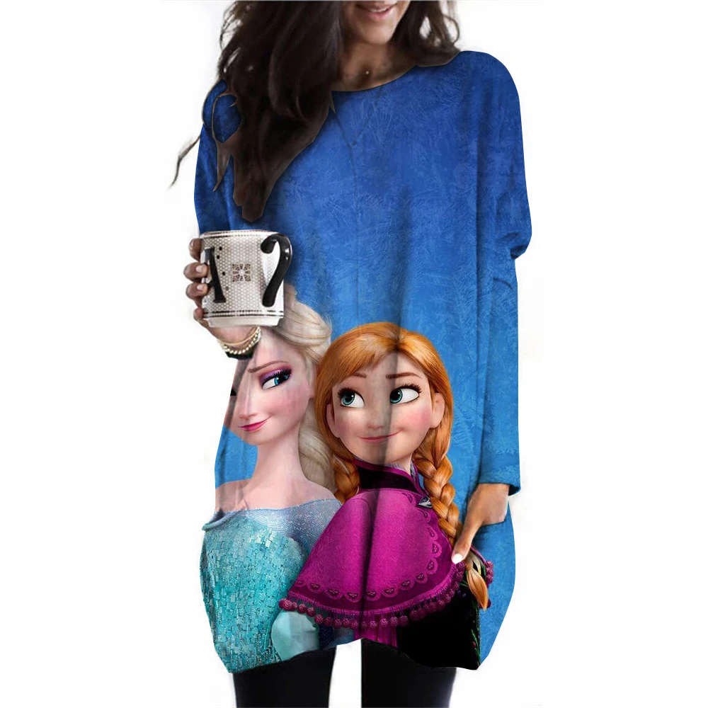 Disney Frozen Pattern Women's 3D T-shirt Long Sleeve Disney Princess Printed Women's Street Clothing Festival T-shirt Large Size