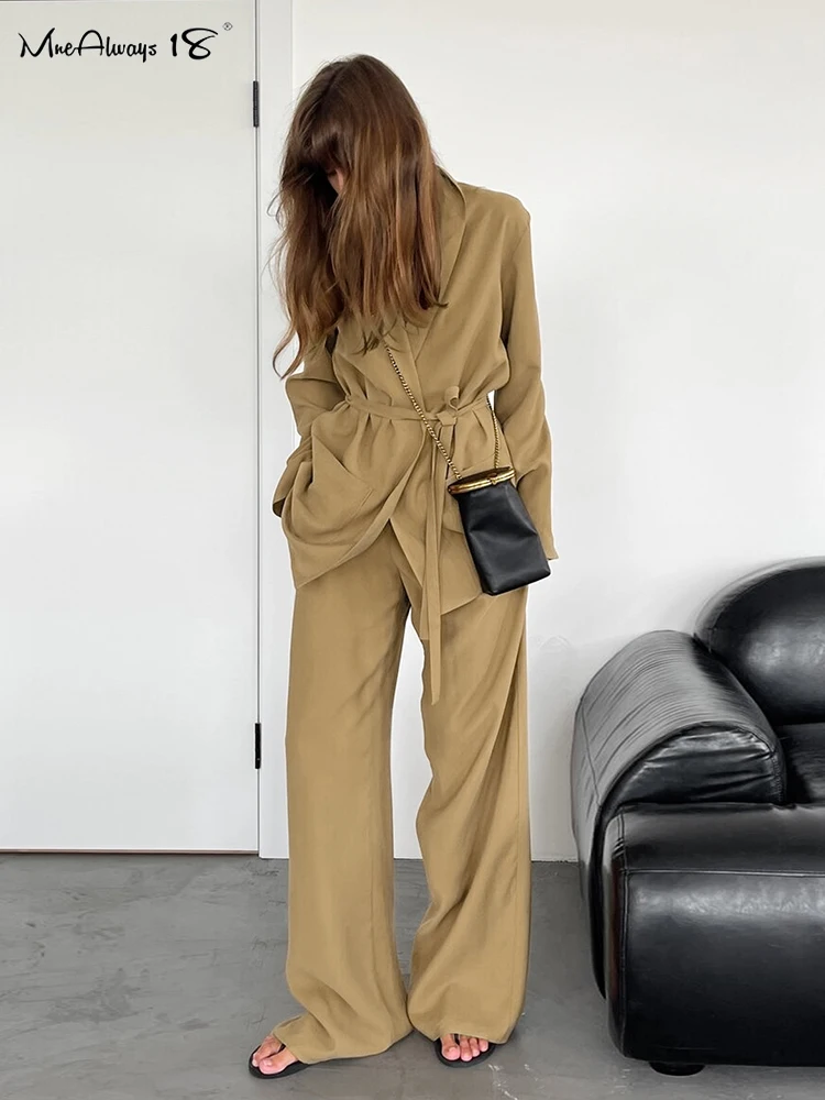 Mnealways18 Khaki Office Pants Sets Two Pieces Women Lace-Up Shirts Outfits Autumn Winter 2024 Casual Wide Legs Pants Suit Lady