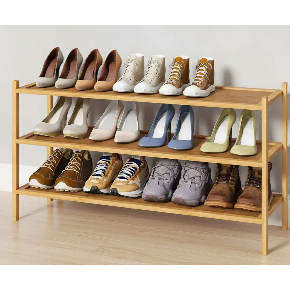 

Long Bamboo Shoe Rack 3-Tier Stackable Foldable Organizer for Entryway Hallway Closet Indoor Outdoor Storage