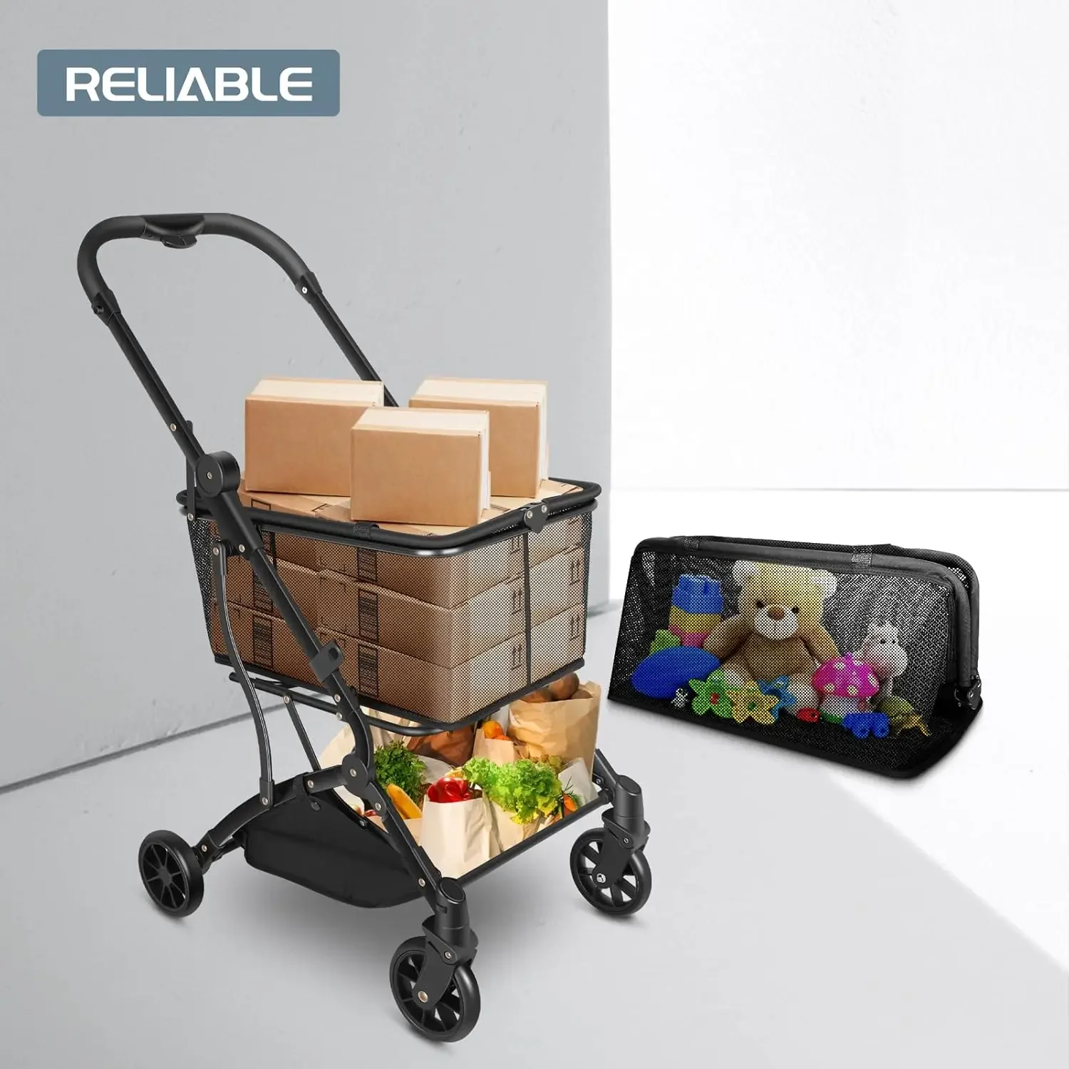 Shopping Cart Collapsible Utility Trolley Cart Features up 60 lbs Total Weight Capacity, Stylish Detachable Carry Bag, Swivel Ti