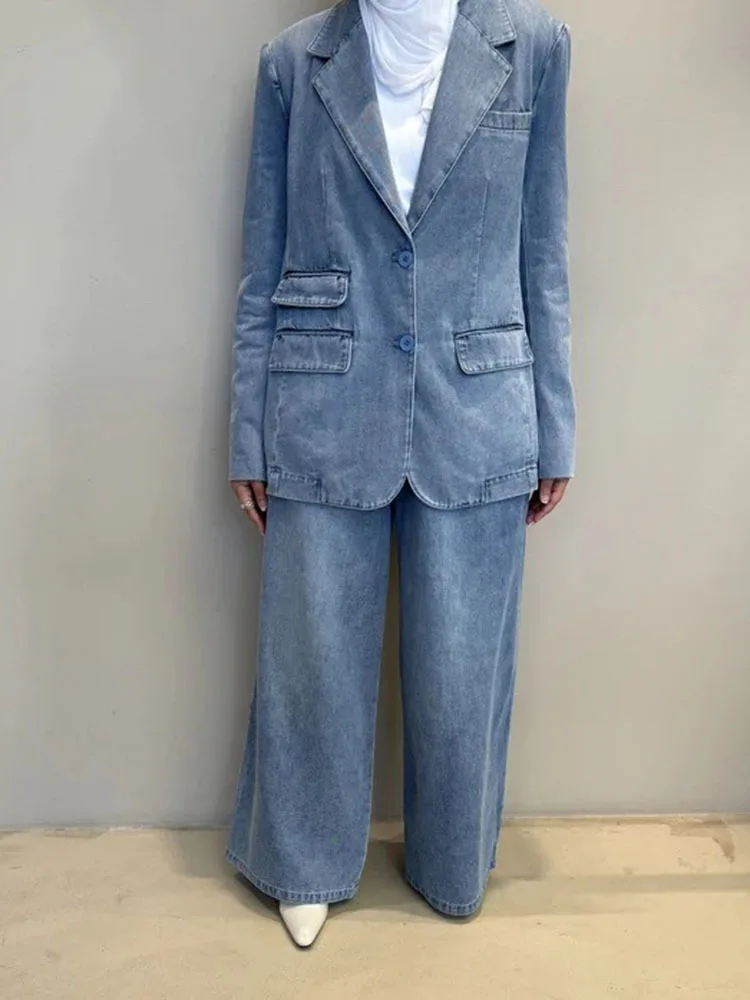 

VTKW Women's Denim Suit Set With High-quality Pocket Design, Suitable For Spring And Summer, Blazer In Loose Style,Two-piece Set