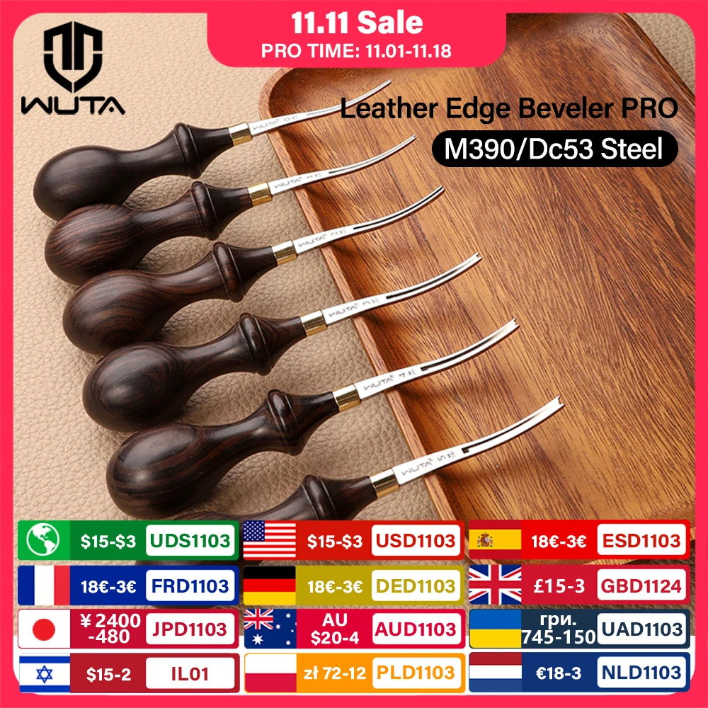 WUTA 1PC Leather Edge Beveler PRO Skiving Craft Work M390 / DC53 Steel Ebony Handle Cutter Edger Creaser Skiver Leather Tools