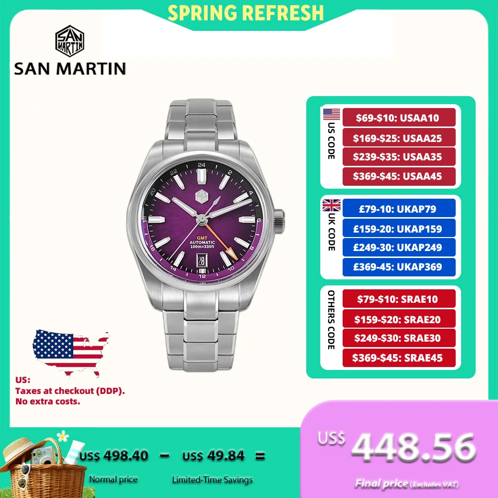 

San Martin 39mm JianZhan Dial Miyota 9075 True GMT Watch Men Mechanical Automatic 6H Date BGW-X1 Waterproof 10Bar Swim SN0144BGX