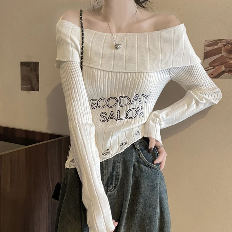 Cintura alta oco para fora slash neck tricô topo t femme outono nova tendência sexy irregular manga longa camisola carta pullovers