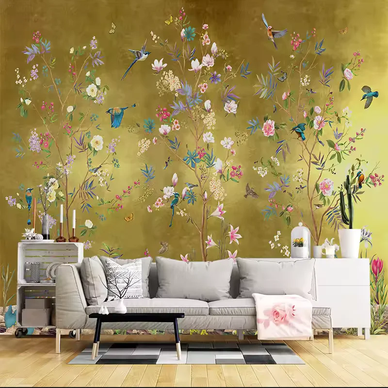 New Chinese style meticulous hand-painted flowers, birds, trees, flowers, customized 3D mural wallpaper, self-adhesive bedroom