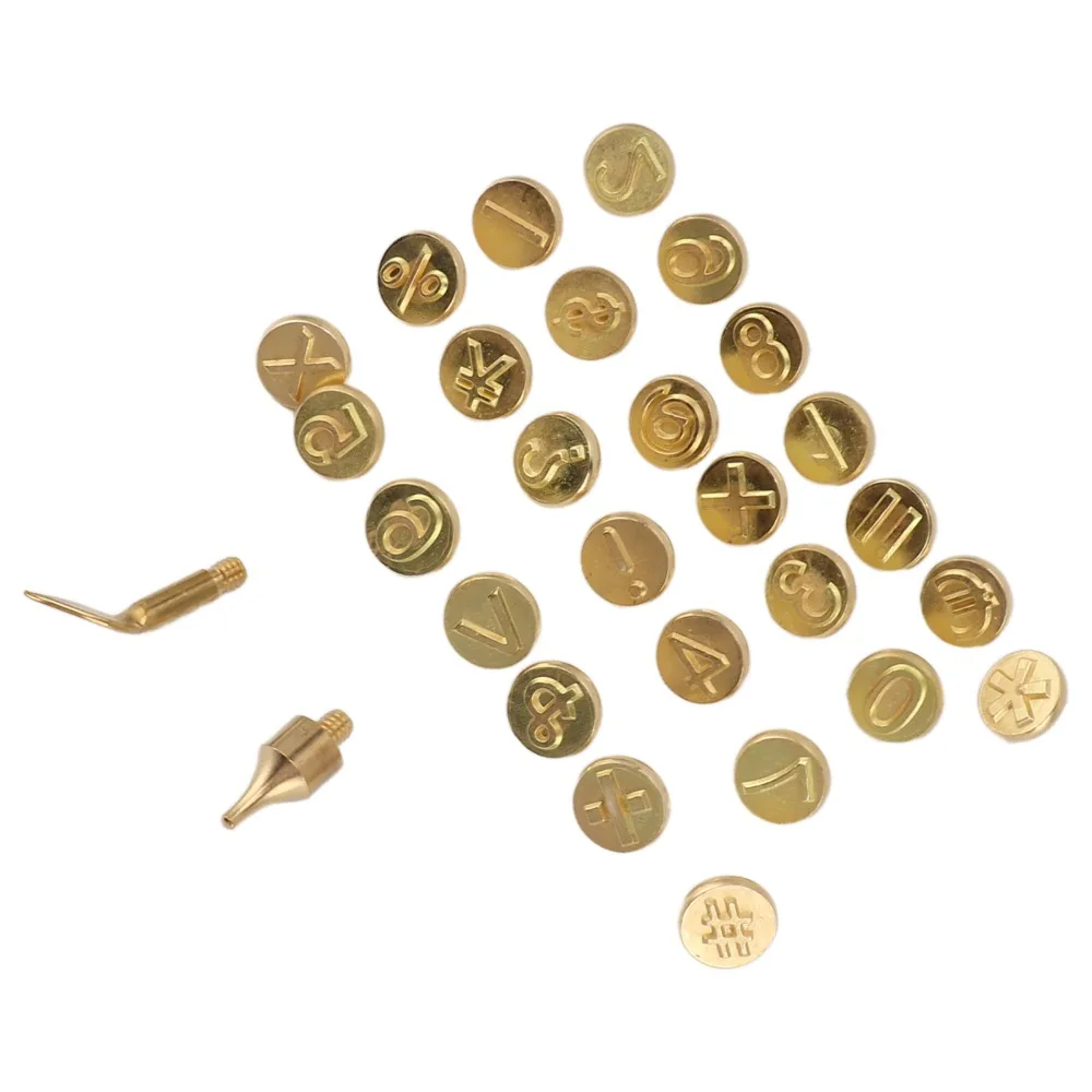 28Pcs Compact Gold Wood Burning Tip Set Different Sizes Brass Pyrography Head Kit Number Symbol Set for Embossing