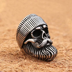 Vintage Big Beard Wear Hat Skull Rings Fashion Punk Stainless Steel Ring For Men Boys Creative Party Jewerly Gifts Dropshipping