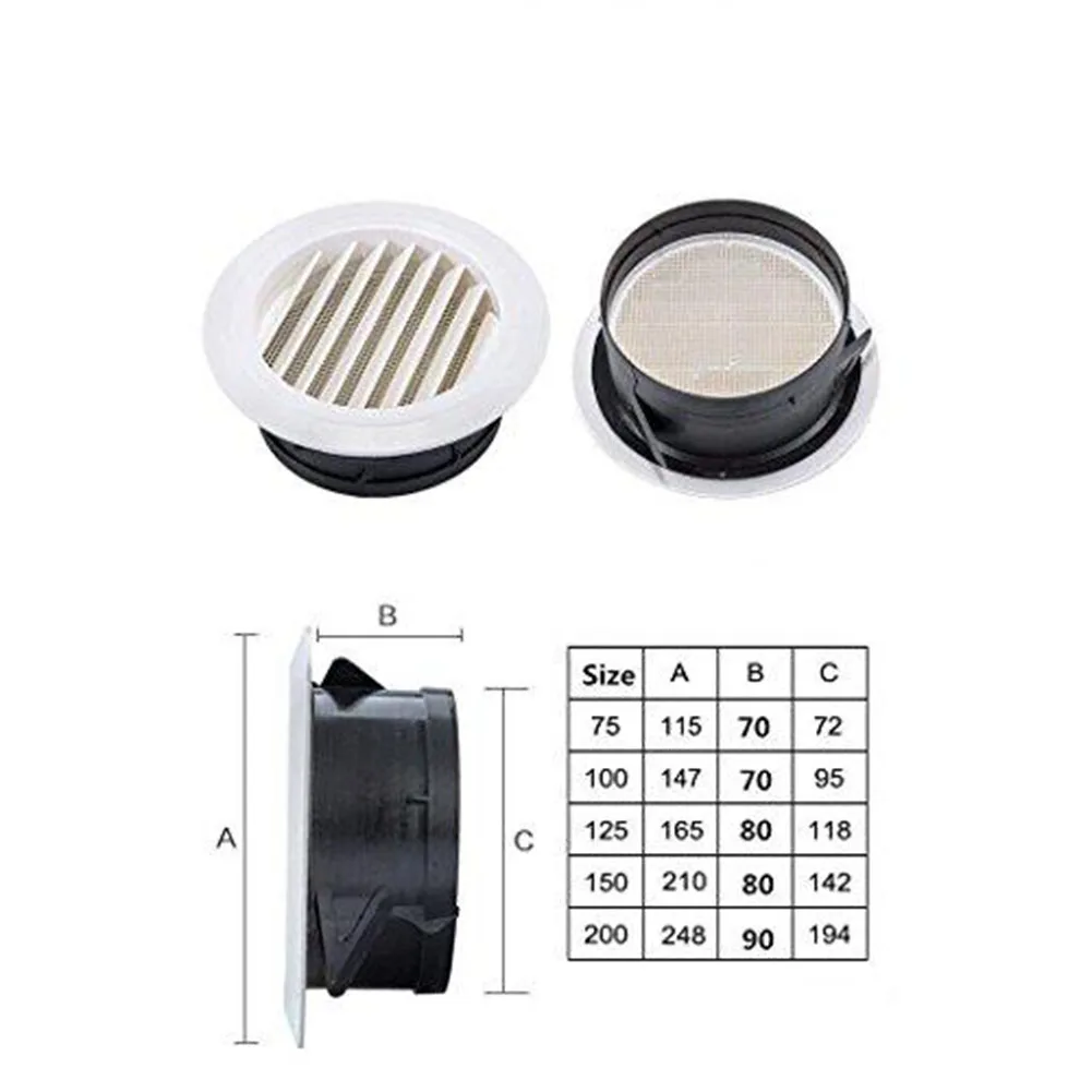 Round Air Vent Grille Cover for Exhaust and Inlet Use on Walls or Pipes with Detachable Panel and ABS Plastic Construction
