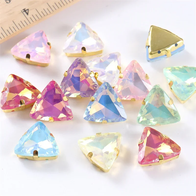 Triangle Glass Sew On Rhinestone with Gold base Crystal stone for Sewing Crafts Garment Clothing Accessories