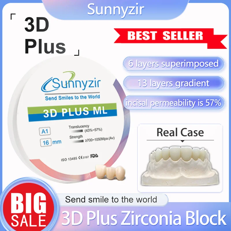 Sunnyzir 3D Pro Multilayer Zirconia Blocks Dental Lab Bleach (BL1) For Porcelain Teeth High Transmittance 43%-57% Zirconia Discs