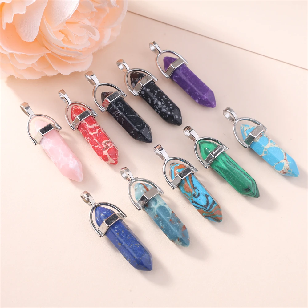 5Pcs European and American jewelry natural gem crystal agate bullet gold-plated DIY metal hexagonal column pendant necklace jewe