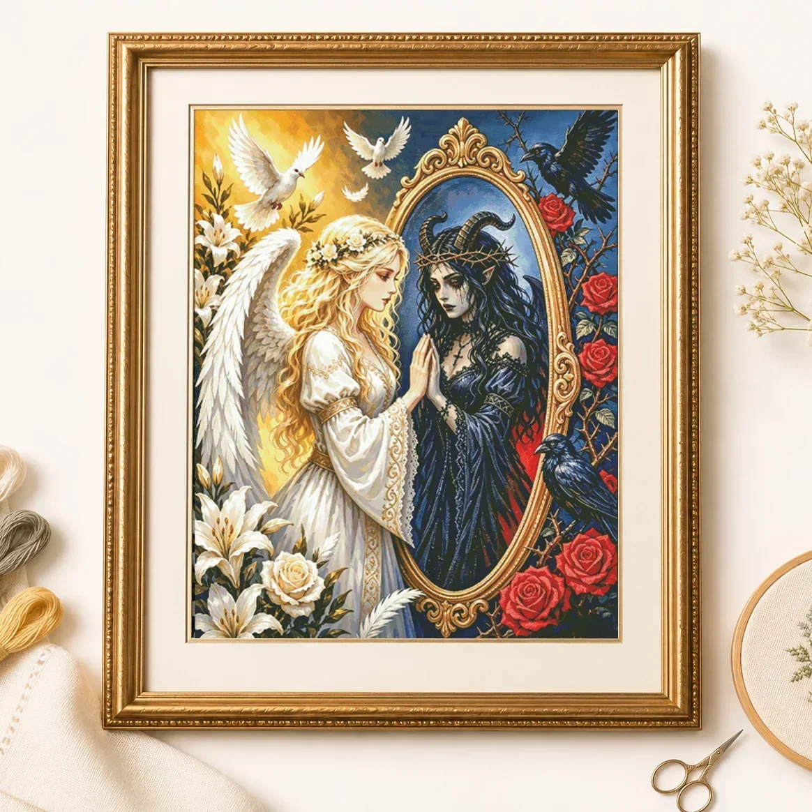 Stamped Cross Stitch Kit 11/14/16/18CT Pre Printed Canvas Cotton Thread DIY Embroidery for Wall Decor[ZZ8886-Angels and Demons]