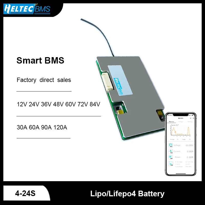 

HeltecBMS 4S-24S Smart BMS 12V24V36V48V60V72V84V Lipo/Lifepo4 Battery 30A 60A 90A 120A 7S 8S 16S Protetion Board with APP NTC