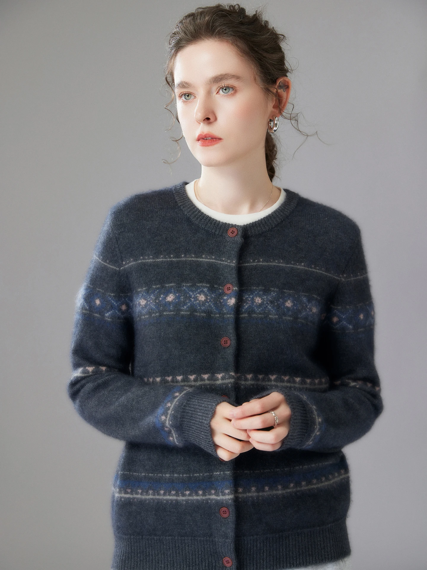 TLOML женский 100% кашемировый свитер, винтажный толстый жаккардовый кардиган с круглым вырезом, осень-зима, мягкий теплый кашемировый трикотаж, топы в стиле ретро