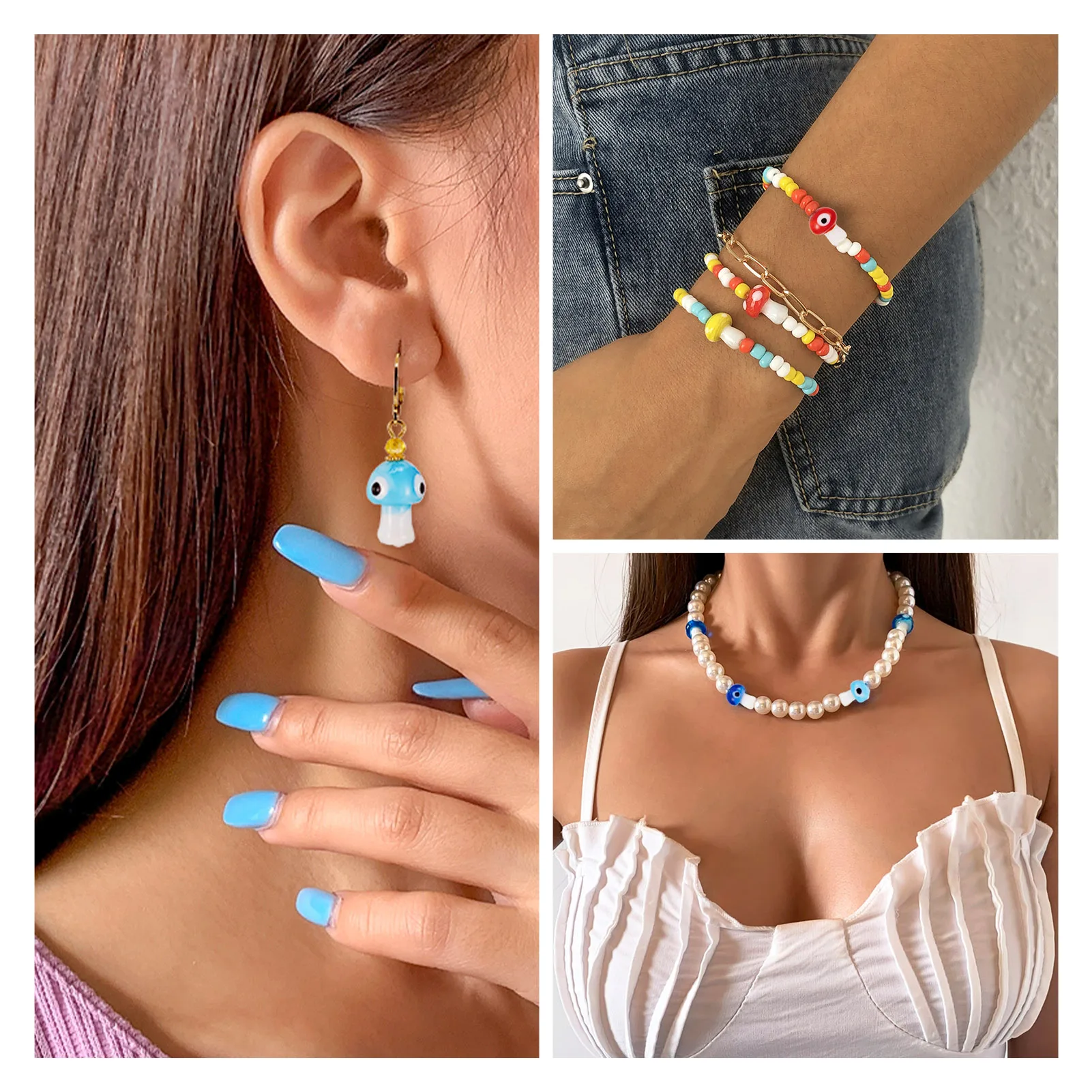 32Pcs 8 Colors Handmade Mushroom with Eye Pattern Lampwork Beads for Earrings Necklace DIY Jewelry Making