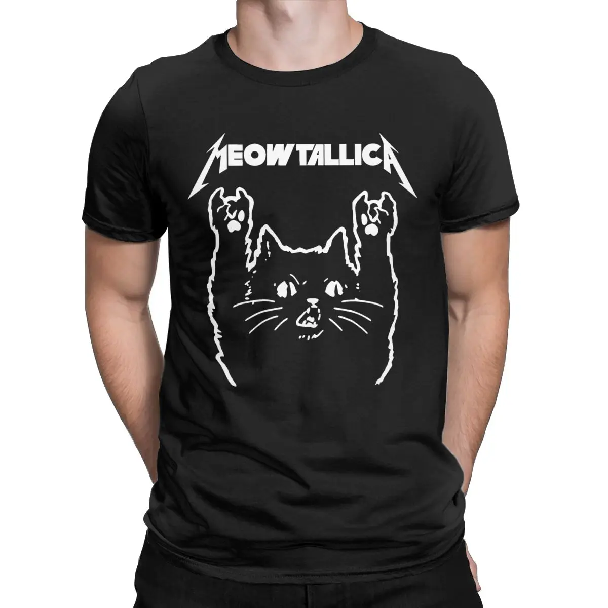 Album Cat Meowtallica Japan Band Men's T Shirt Rock Music Funny Vintage Tees Short Sleeve Round Collar T-Shirts Cotton Summer