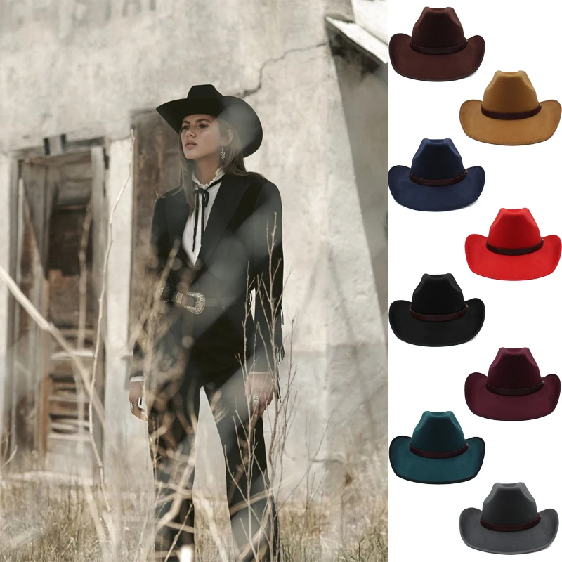 

Men Women Woolen Western Cowboy Hats Wide Brim Sunhats Party Travel Sombrero Outdoor Caps Classical Retro US Size 7 1/4 UK L