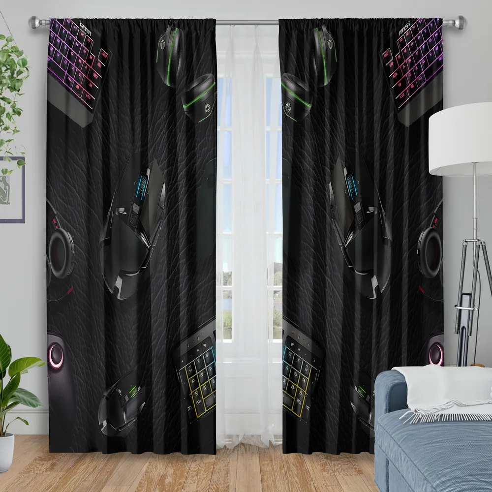 2pcs Gaming Print Curtains Keyboard Mouse Headset Pattern Polyester Window Drapes for Gamer Room Bedroom Tech Home Decor