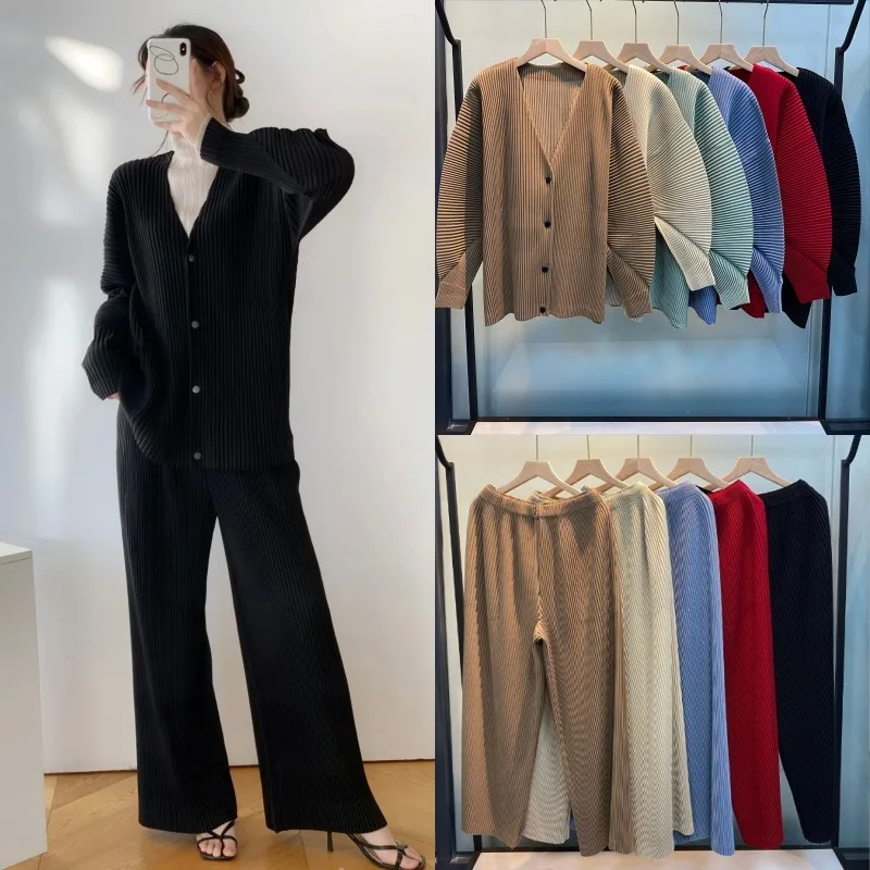 Miyake-Conjunto plisado para mujer, chaqueta informal de manga larga con cuello en V, pantalones de pierna ancha y pierna recta, conjunto de 2 piezas, ropa de talla grande para mujer