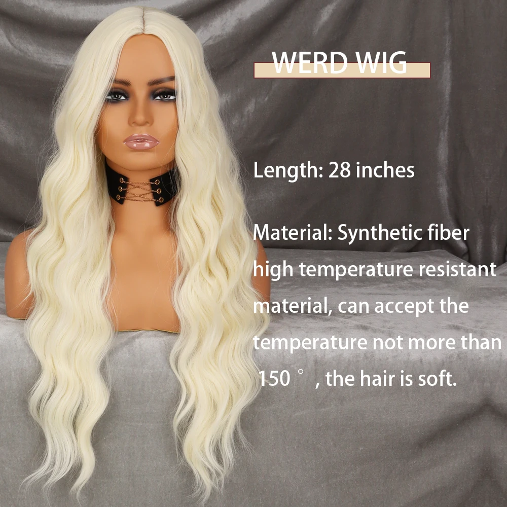 WERD Long Wavy Gold Synthetic Wig Women\'s Heat-Resistant Natural Half Part Cosplay Party Lolita Wig