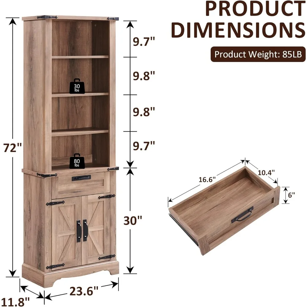 72'' Tall Bookshelf with Storage, Farmhouse 4 Tier Bookcase with Barn Door, Adjustable Shelves and Drawers, Rustic Wooden Offic