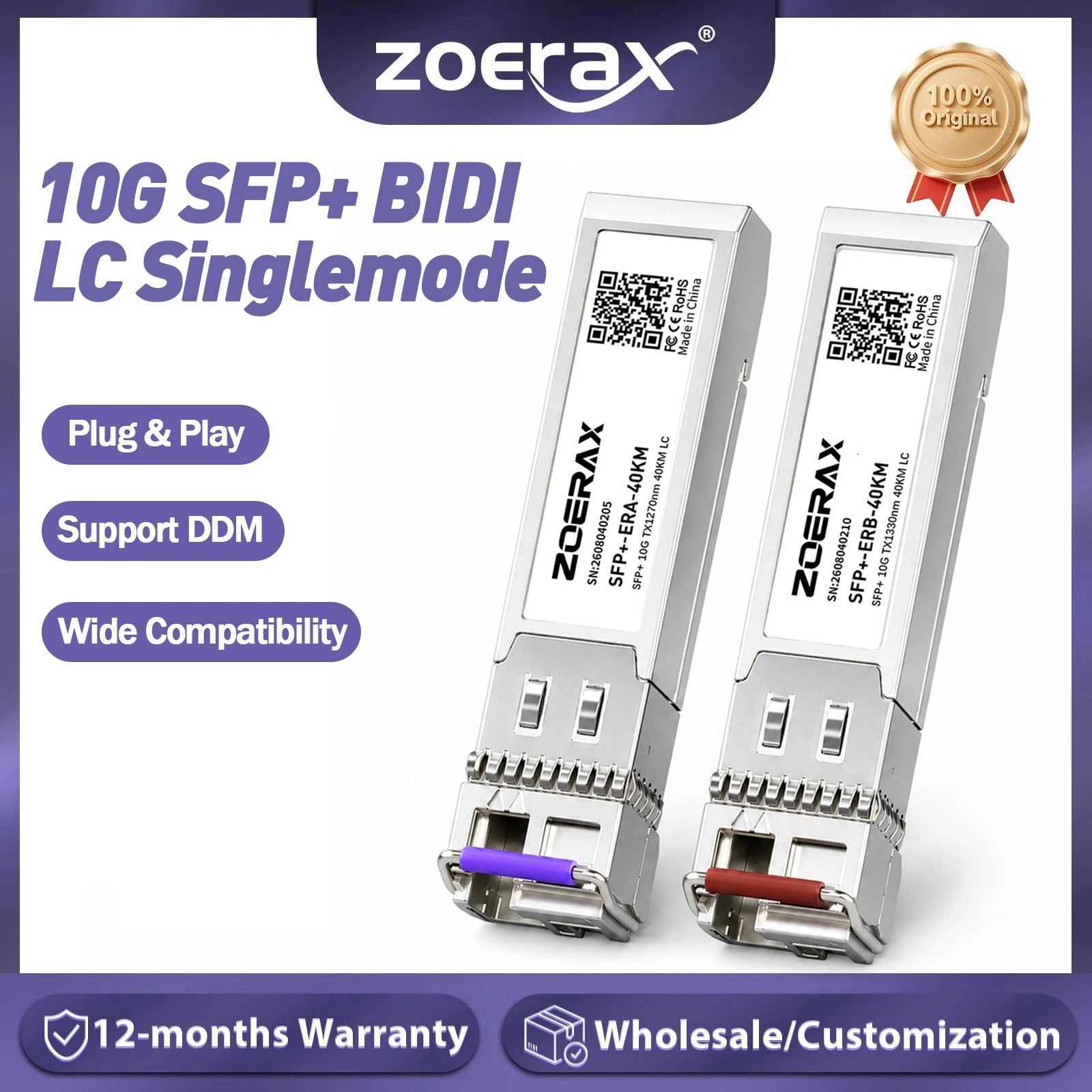 ZoeRax SFP+ Module 10G BIDI Single-Mode Simplex LC 1270/1330nm 40km Plug & Play Support DDM Hot‑swapping for Cisco, others