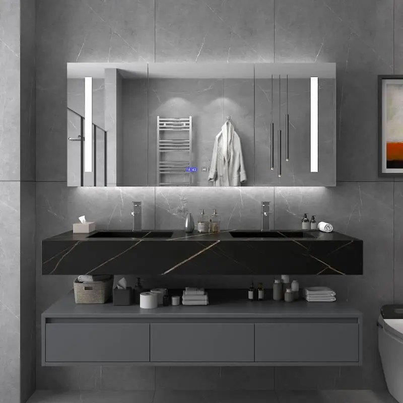 Modern Bathroom Vanity Cabinet Sets Double Sink Sintered Stone Bathroom Vanity with Mirror