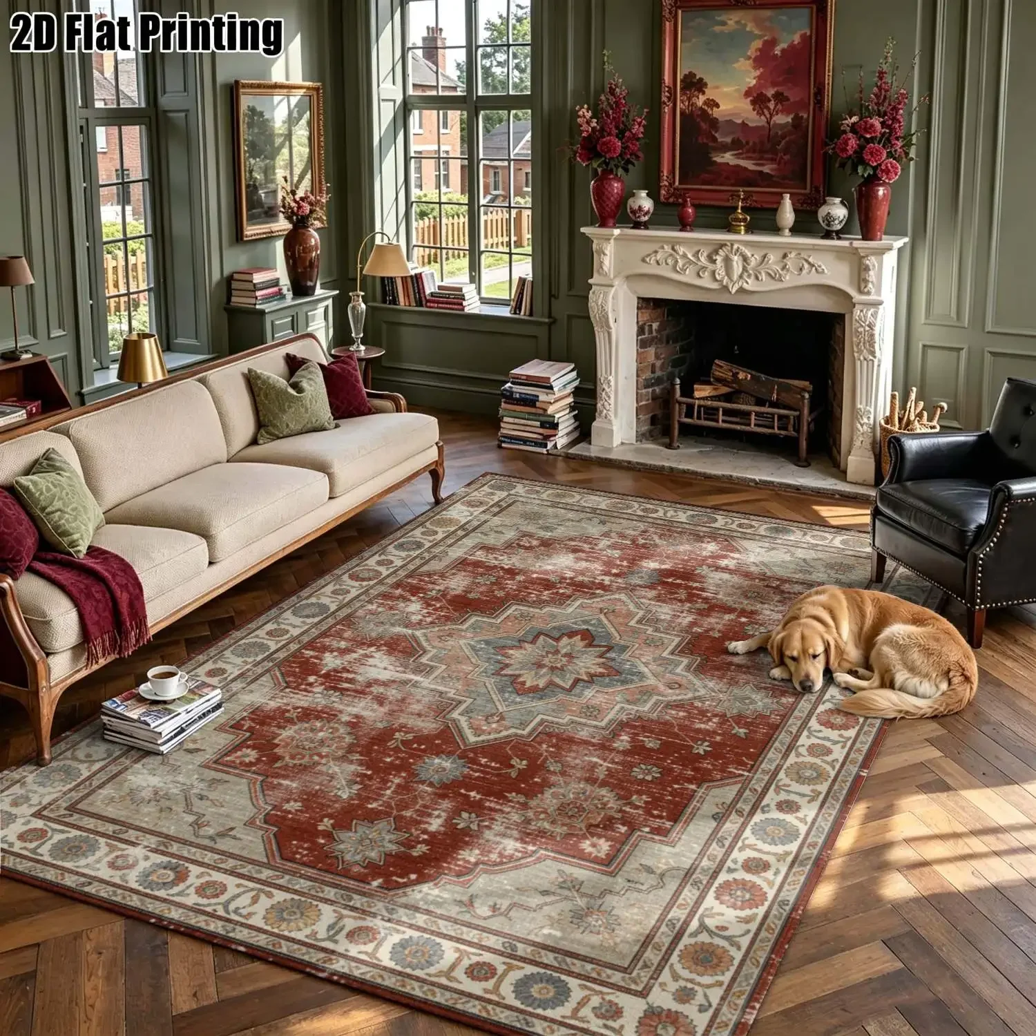 1Pc 2D Printed Retro Red-Brown Geometric Carpets: European & Bohemian Style, Multi-Size, Machine Washable, for Entrance, Dining