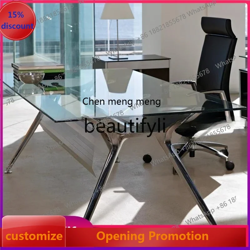 

S7486 ss Modern Chrome-Plated Bright Silver Glass Table Minimalist Dining Room Long Tea Table