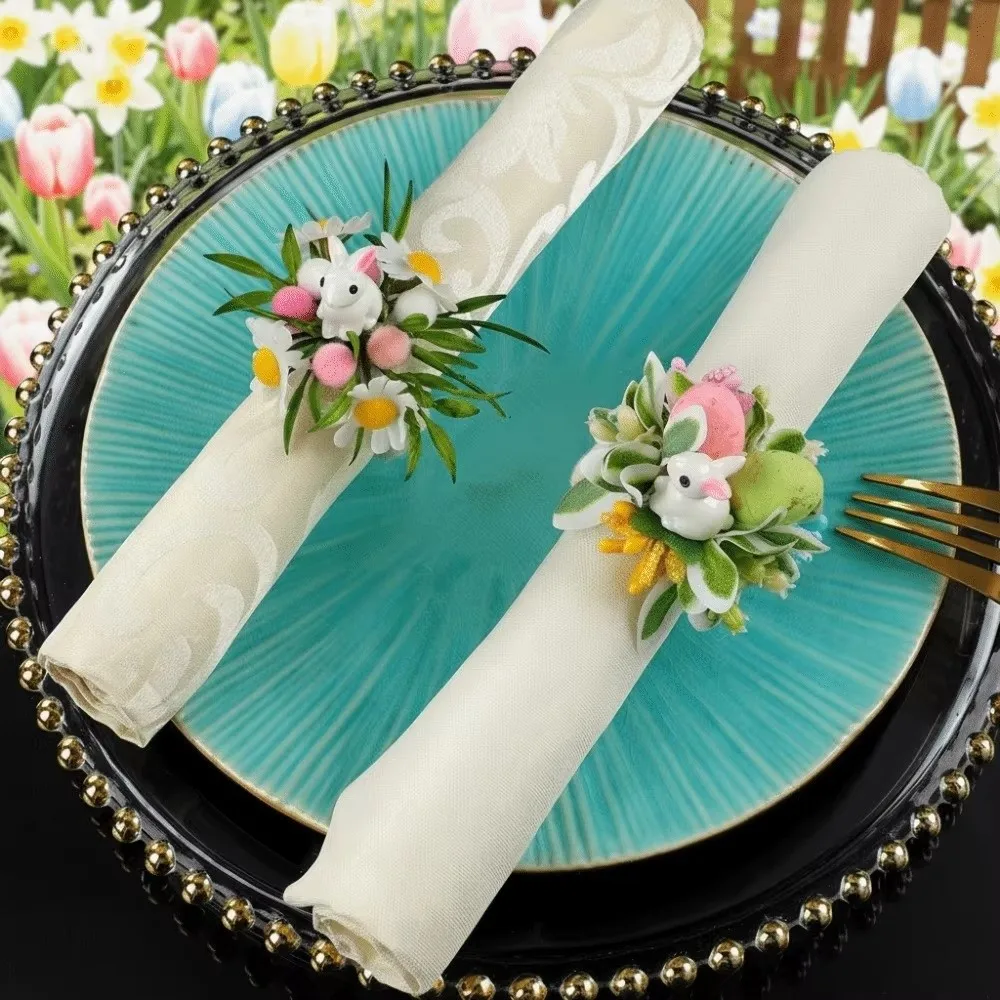 Plastic Easter Napkin Rings Reusable Rabbit Shaped Floral Napkin Buckles Table Ornament Spring Floral Bunny Napkin Holders