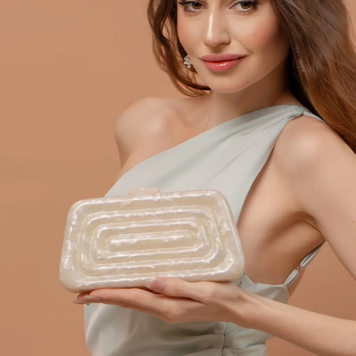 

Women's Trendy Off - White Acrylic Evening Clutch with Chain Strap Ideal for Weddings and Dinners