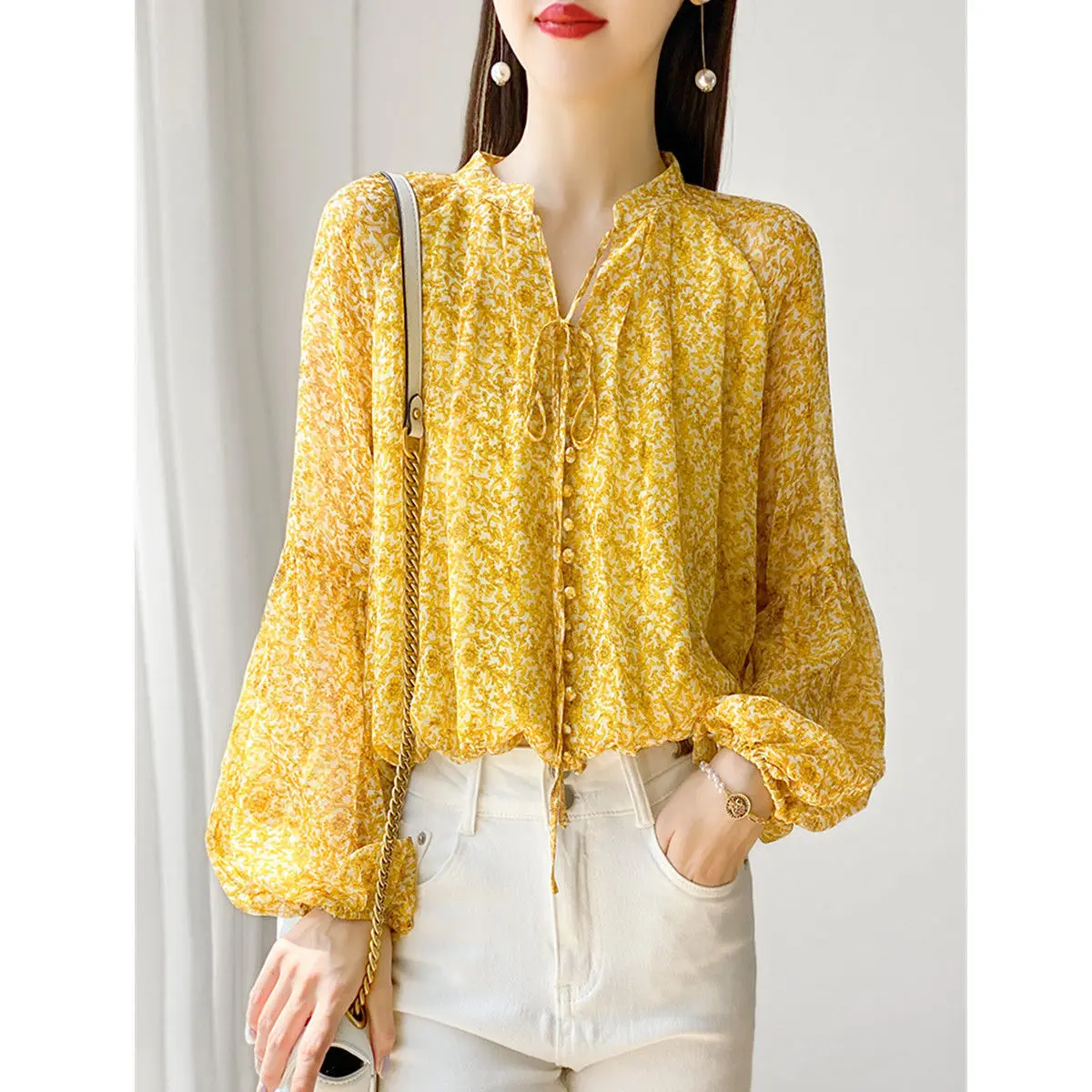 Clothes Yellow Floral Loose Shirt Women's Summer Thin Design Sense Niche 2022 Spring New Top