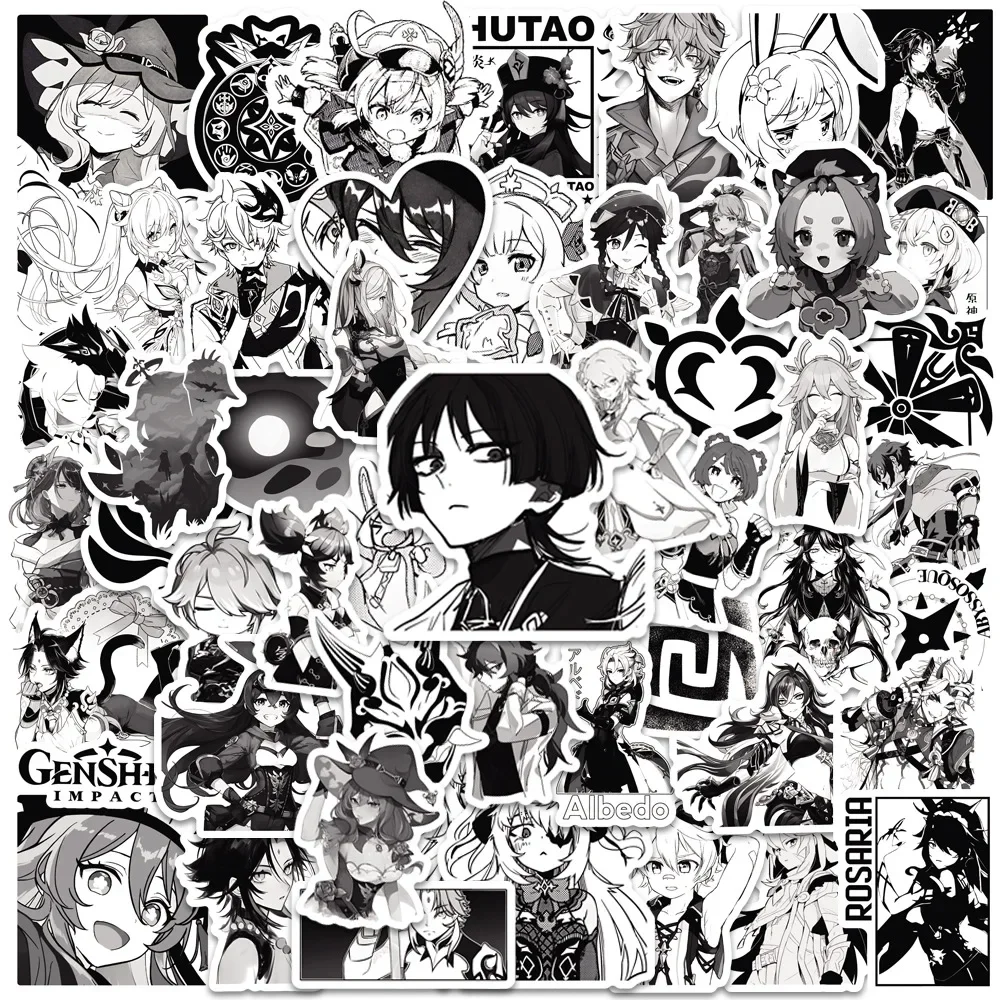 Paquete de pegatinas de figura Genshin Impact, 50 Uds., álbum de recortes, equipaje, portátil, pared, dibujos animados, pegatina de Graffiti en blanco y negro
