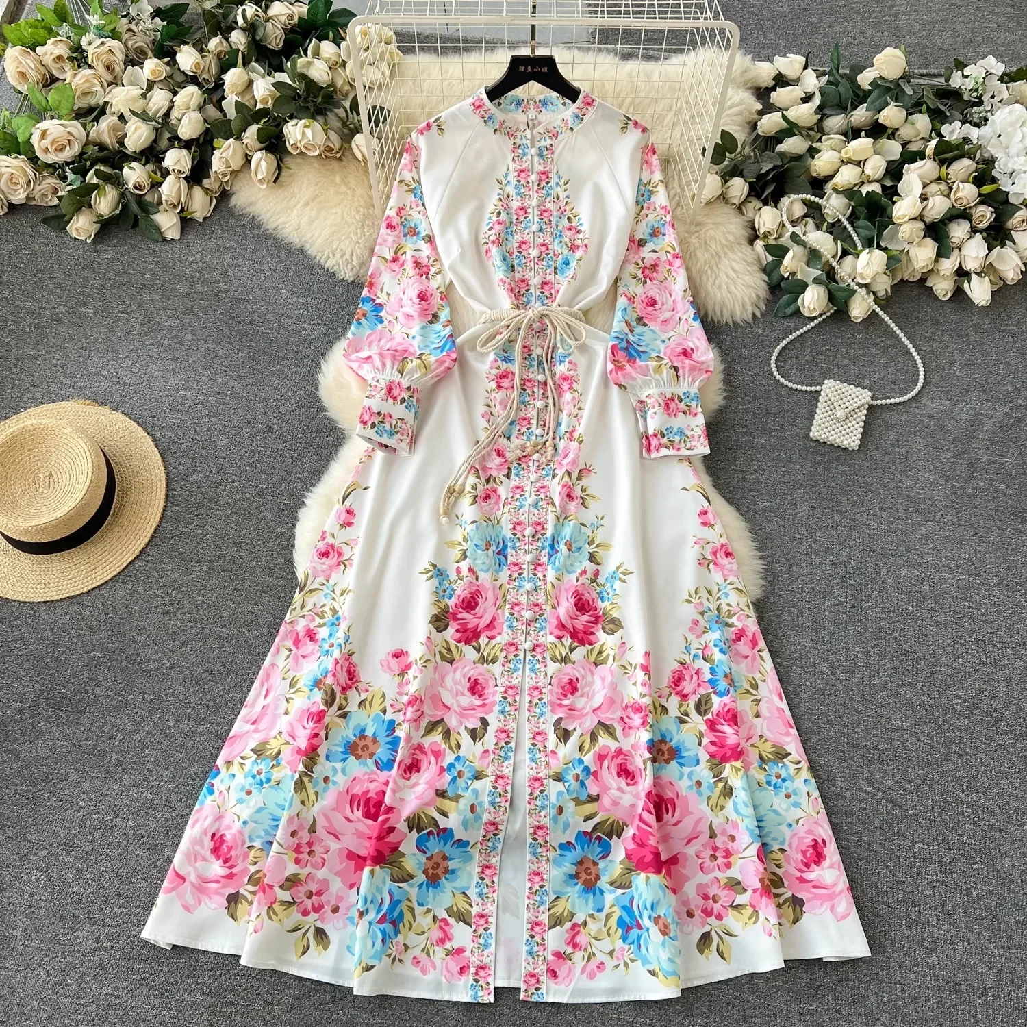 

Elegant Gorgeous Print Flow Dresses Women Stand Collar Long Lantern Sleeve Linen Belt Sashes Single-Breasted Maxi Robe Clothes